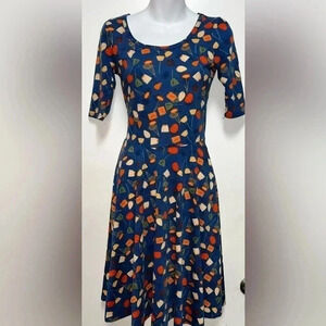 Womens LuLaRoe Dress Nicole XS Navy Blue Red Orange Cream Flowers